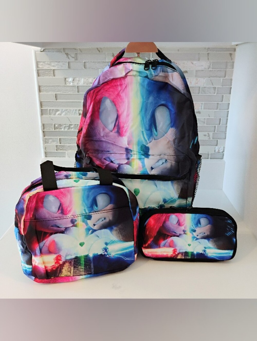 NEW 3FER Sonic v. Knuckles Backpack Set w/ Lunchbox, Pencil Case & A BONUS